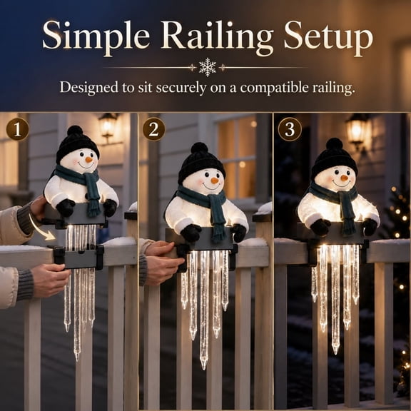 Snowman Railing Light, 11.81 Inch Icicle Holiday Lamp, A Seated Snowman Above Cascading Illuminated Icicle Strands, Glowing Snowman Scene for Railing Balcony and Porch Lighting Decor
