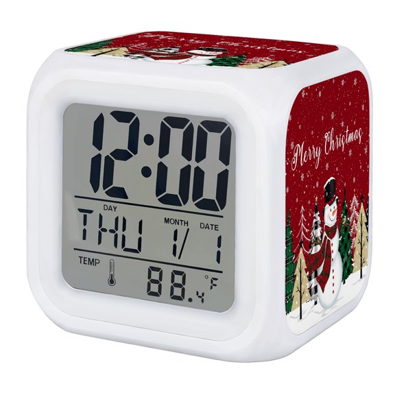 Snowman Red Christmas Digital Alarm Clock for Bedrooms, Smart LED Alarm Clock with 7 Color Changing Night Light, Winter Snowflake Xmas Tree Silent Wake Up Clocks for Sleep Study Cooking 3.2"x3.2"