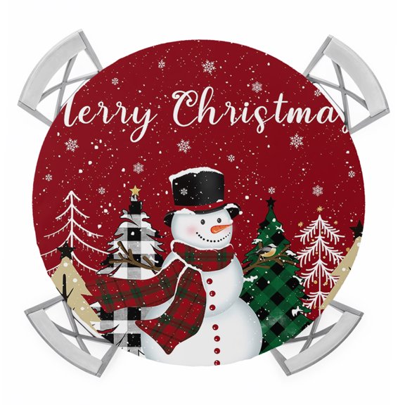Snowman Red Christmas Round Tablecloth for 55-60 Inch Tables, Fitted Table Cover with Elastic Edge, Winter Snowflake Xmas Tree Waterproof Outdoor Table Cloth Protector for Patio Garden Dinner Picnic