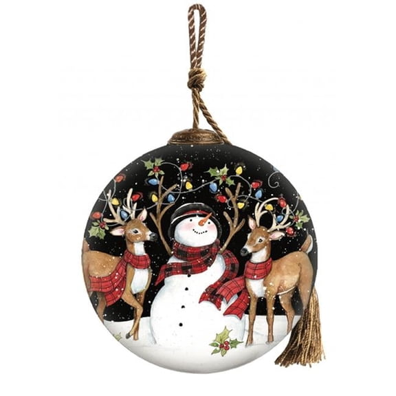 Snowman & Reindeer in Holiday Lights Hand Painted Mouth Blown Glass Ornament, Multi Color