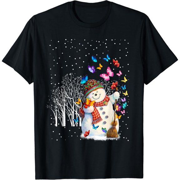 Snowman Santa Hat With Butterflies Fly Around T-Shirt Tshirt All Size S-5XL