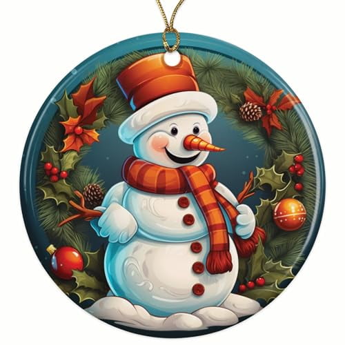 Snowman with Scarf Christmas Ornament - Festive Holiday Decor - 2.8" Round - Gold String Included - UV Printed Design - Choose from Over 140 Designs - BMCO0403