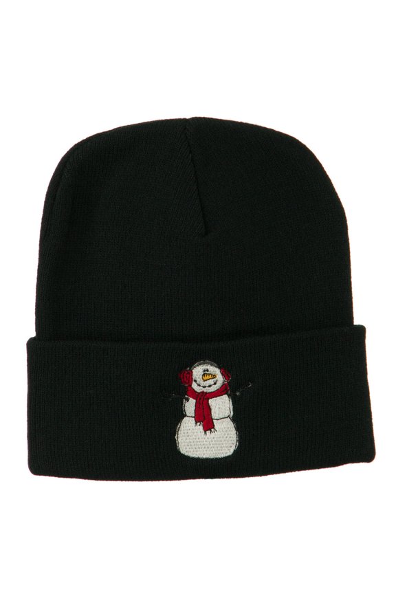 Snowman Scarf Earmuff Embroidered Beanie - Black OSFM