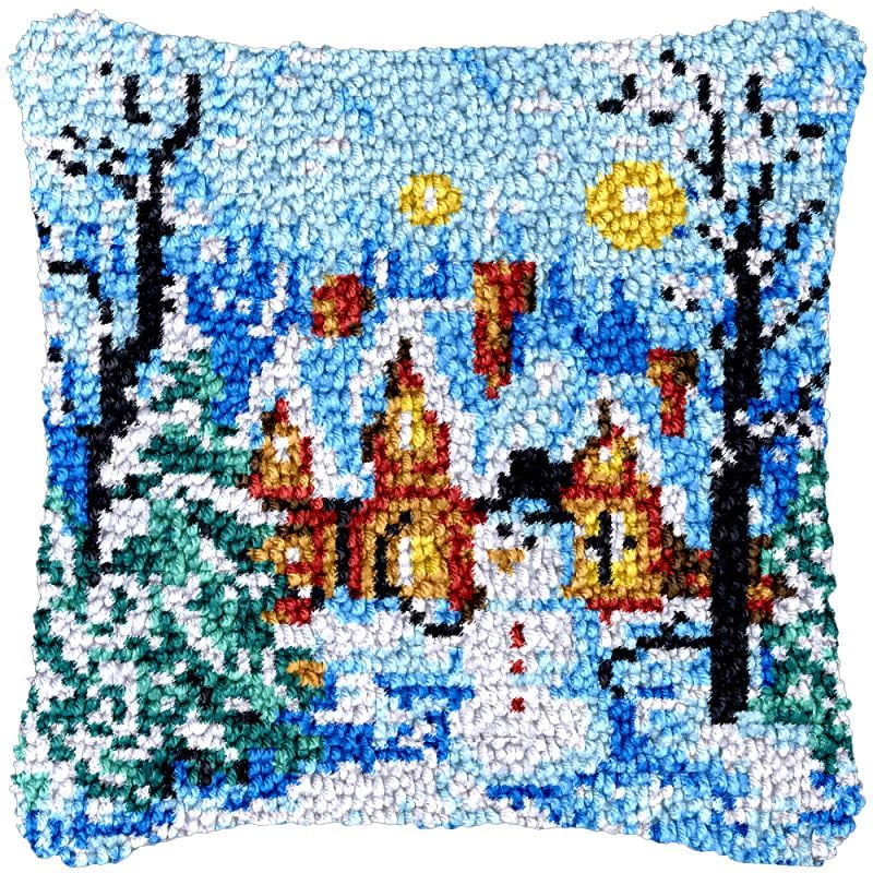 Snowman Scenery Latch Hook Pillow Cover Kits for DIY Cushion Cross Stitch Crochet Hooking Latch Hook Pillowcase Rug Kits with Preprinted Canvas Crochet Yarn Kits Needlework Crafts 17'' X 17''