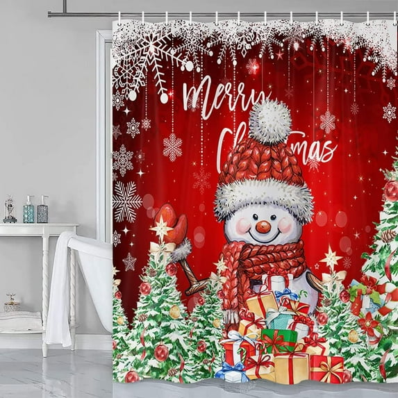 Snowman Shower Curtain,Snowman Merry Christmas Shower Curtains for Bathroom,Red Winter Bathroom Home Decor,Cute Winter Holiday New Year Decor,Red Curtain Waterproof Fabric with Hooks, 72X72in