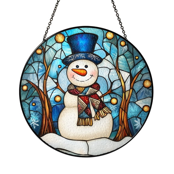Snowman Silhouette Winter Design Stained Glass Style Decorative Window Panel, Seasonal Hanging Art