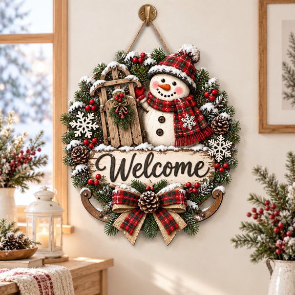 Snowman Sled Welcome Wooden Door Sign for Winter Housewarming Gift
