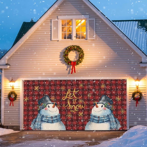 Snowman Snowflake Christmas Garage Door Decorations, 6.9x8ft Garage Door Cover Banner with Grommets, Outdoor Garage Door Backdrop Mural for Holiday Party Wall Decor, Red Black Buffalo Plaid