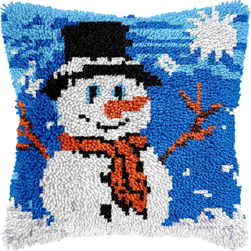 Snowman & Snowflakes Latch Hook Pillow Kits for DIY Handmade Throw Pillow Cushion Embroidery Latch Hooking Pillowcase Kits with Preprinted Canvas Crochet Yarn Kits 17''X 17''(g74)