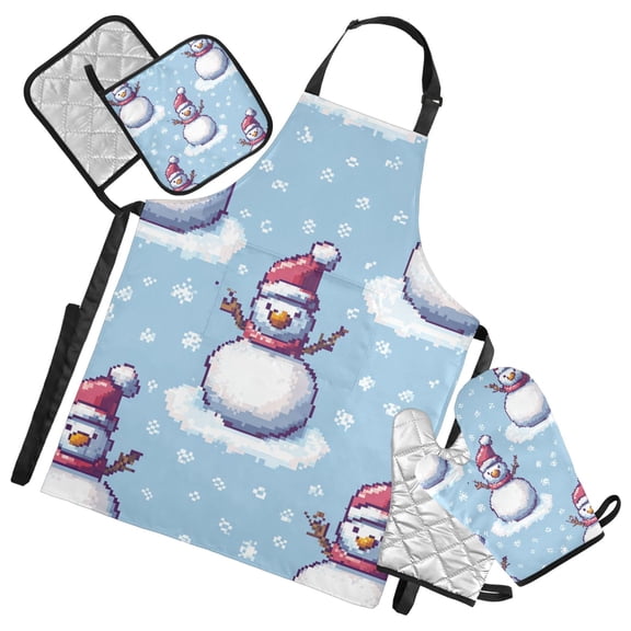 Snowman Snowflakes Pixel Style Apron Set with Oven Mitts Pot Holders Set of 5 Kitchen Stuff Accessories