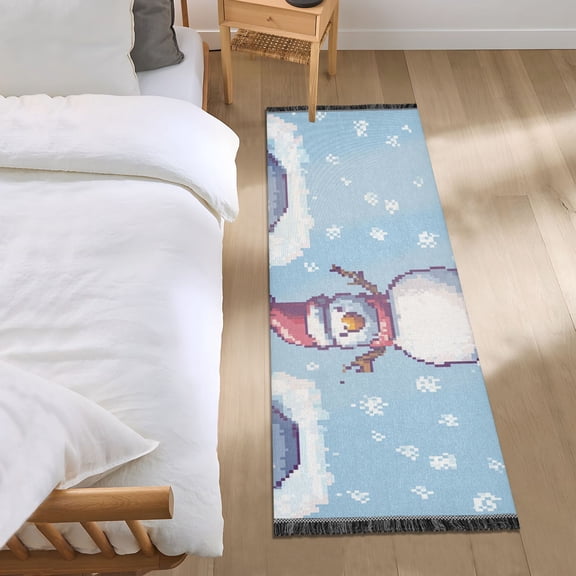 Snowman Snowflakes Pixel Style Bedside Runner Rug 2'x 6' Non Slip Carpet Floor Mat Area Rug