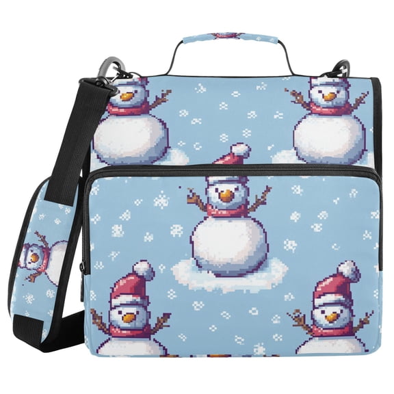 Snowman Snowflakes Pixel Style Binder Bag with Shoulder Strap 3 Ring Zipper Binder File Folder Document Storage