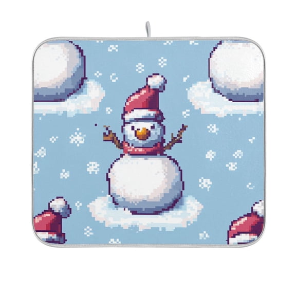 Snowman Snowflakes Pixel Style Dish Drying Mat Absorption Pad Kitchen Drainer for Counter Dinning Table 16" x 18"