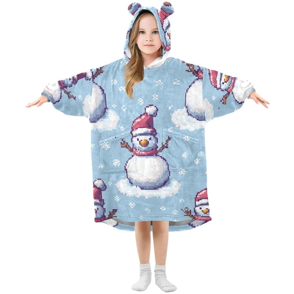 Snowman Snowflakes Pixel Style Flannel Wearable Blankets Hooded Design Long Sleeves Wrap Unisex for 3T-14Y S