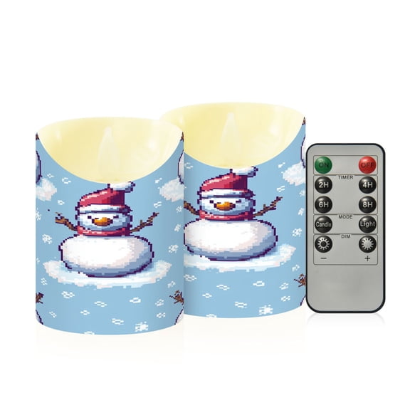 Snowman Snowflakes Pixel Style Flickering Flameless Candles with Remote Timer Battery Operated LED Tealight Set of 2 S