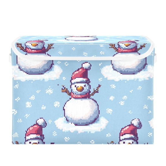 Snowman Snowflakes Pixel Style Foldable Storage Bin with Lid and Handle Collapsible Storage Box 16.5 x 12.6 x 11.8 inches