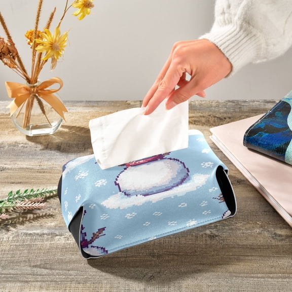 Snowman Snowflakes Pixel Style Leather Tissue Box Cover Rectangle Tissue Holder Foldable