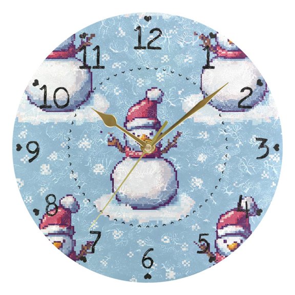 Snowman Snowflakes Pixel Style Round Wall Clock Silent Analog Battery Operated Gold Pointer Home Decor 9.84" Diameter