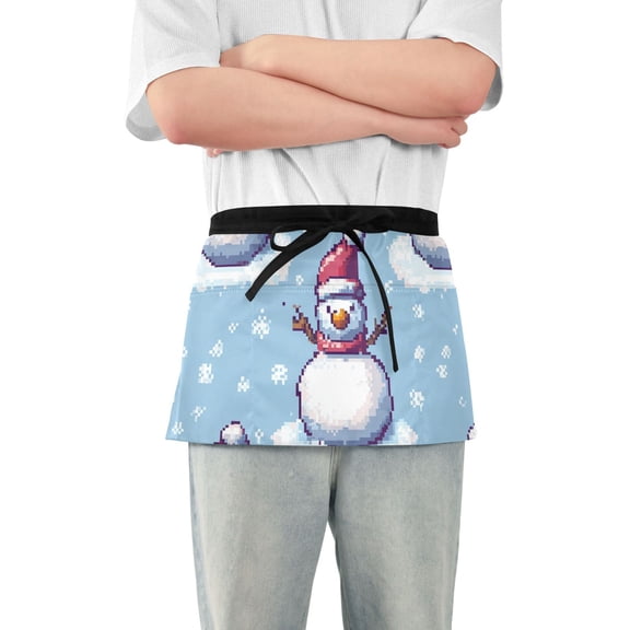 Snowman Snowflakes Pixel Style Short Server Apron with 3 Pockets for Unisex Chef Gardening