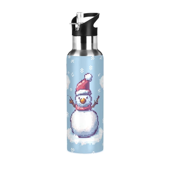 Snowman Snowflakes Pixel Style Sports Bottle with Straw Stainless Steel Water Jug Portable Thermal Cup Leak-proof 600ML