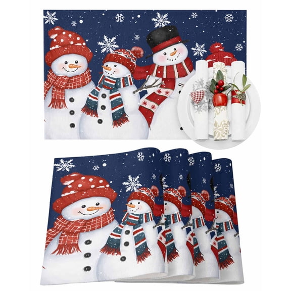 Snowman Snowflakes Placemats Set of 1 Christmas Striped Scarf Winter Navy Blue Heat Insulation Washable Place Mats, Rustic Non-Slip Table Mats for Dining Table Party Kitchen Decor,13x19 Inch