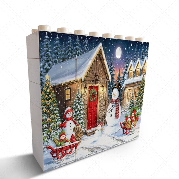 Snowman and Snowy House Themed Novelty Building Brick Funny Block Puzzle Horizontal Shaped Picture Unique Decorative Sign Desk Decor Christmas Birthday Housewarming Gift