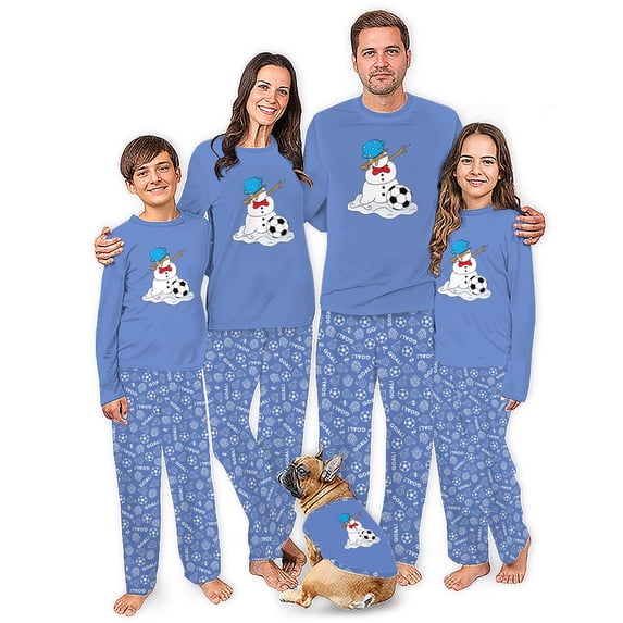 Snowman Soccer Matching Family Christmas Pajamas With Dog, Blue Soccer Holiday PJs, Plus Sizes, With Pockets