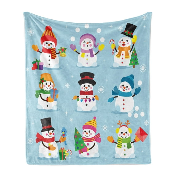 Snowman Soft Flannel Fleece Blanket, Cartoon Happy Design of Christmas Characters Arranged Playing Ornamenting, Cozy Plush for Indoor and Outdoor Use, 60" x 80", Pale Blue Multicolor, by Ambesonne