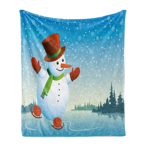 Snowman Soft Flannel Fleece Throw Blanket, Cartoon Happy Character Skating on Icy River Forest Trees Snowy Country, Cozy Plush for Indoor and Outdoor Use, 50" x 70", Blue Orange Green, by Ambesonne