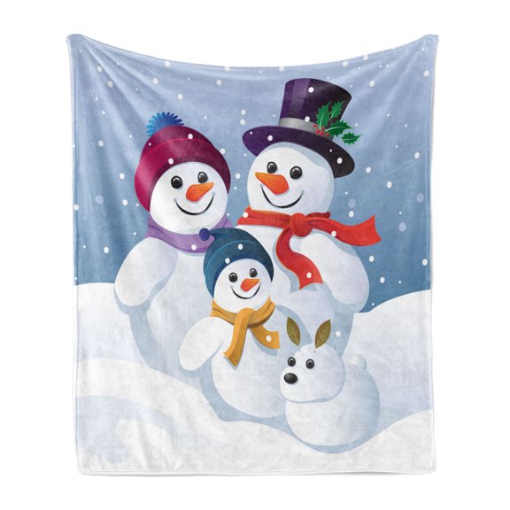 Snowman Soft Flannel Fleece Throw Blanket, Colorful Pattern of a Snowy Happy Family and a Dog on Snow Snowflakes in the Air, Cozy Plush for Indoor and Outdoor Use, 60" x 80", Multicolor, by Ambesonne