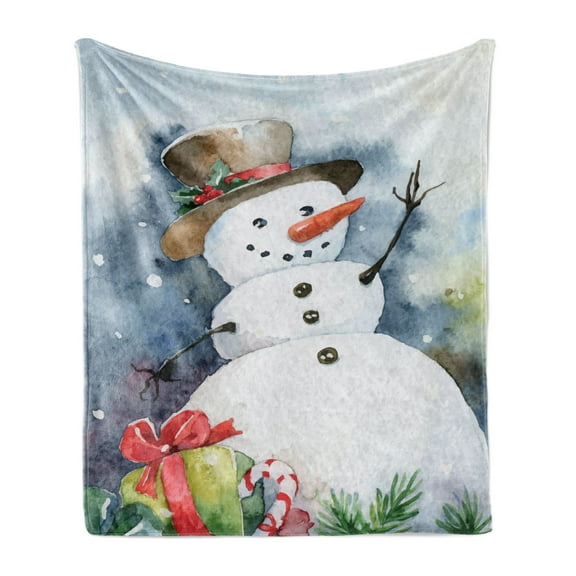 Snowman Soft Flannel Fleece Throw Blanket, Painting Like Design of a Snow Silhouette in a Christmas Hat with Presents, Cozy Plush for Indoor and Outdoor Use, 50" x 60", Multicolor, by Ambesonne