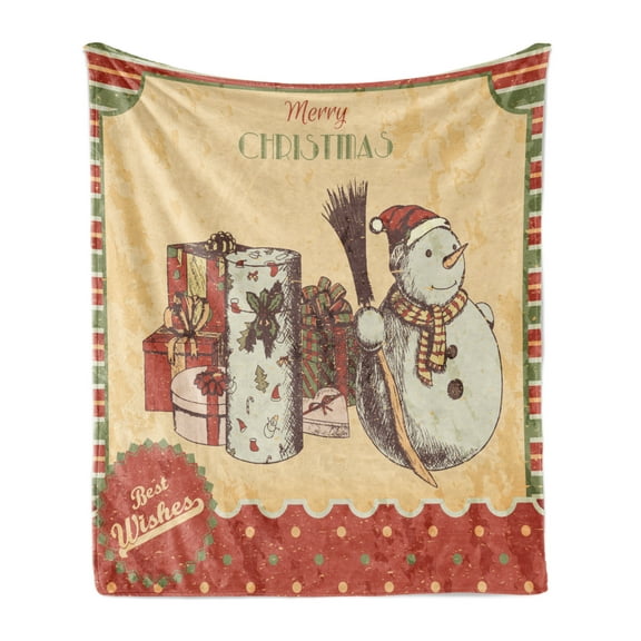 Snowman Soft Flannel Fleece Throw Blanket, Poster Like Design of Items Merry Christmas and Best Wishes Cursive Lettering, Cozy Plush for Indoor and Outdoor Use, 50" x 60", Multicolor, by Ambesonne