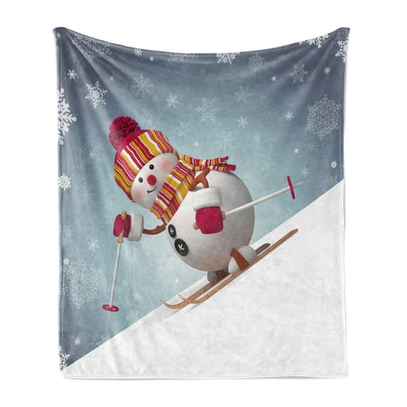 Snowman Soft Flannel Fleece Throw Blanket, Skiing Snowman in 3D Style with Ornate Snowflakes Winter Outdoors Activity Fun, Cozy Plush for Indoor and Outdoor Use, 50" x 60", Multicolor, by Ambesonne