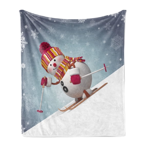 Snowman Soft Flannel Fleece Throw Blanket, Skiing Snowman in 3D Style with Ornate Snowflakes Winter Outdoors Activity Fun, Cozy Plush for Indoor and Outdoor Use, 60" x 80", Multicolor, by Ambesonne