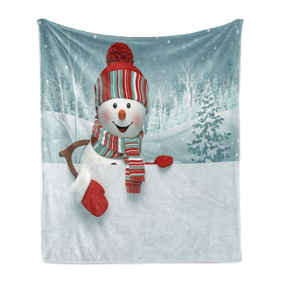 Snowman Soft Flannel Fleece Throw Blanket, Smiling 3D Style Mascot with Hat and Scarf Snowy Mountains Trees Seasonal Happy, Cozy Plush for Indoor and Outdoor Use, 50" x 70", Multicolor, by Ambesonne