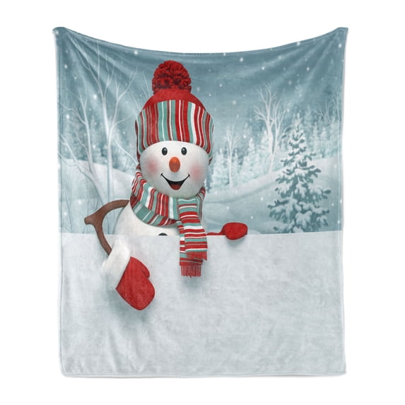 Snowman Soft Flannel Fleece Throw Blanket, Smiling 3D Style Mascot with Hat and Scarf Snowy Mountains Trees Seasonal Happy, Cozy Plush for Indoor and Outdoor Use, 70" x 90", Multicolor, by Ambesonne