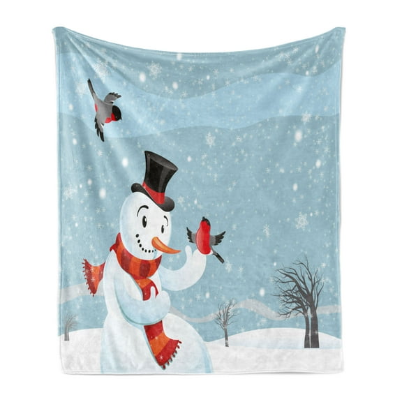 Snowman Soft Flannel Fleece Throw Blanket, Snowfall New Year's Eve Celebration Theme Xmas with Bullfinch Birds, Cozy Plush for Indoor and Outdoor Use, 70" x 90", Multicolor, by Ambesonne