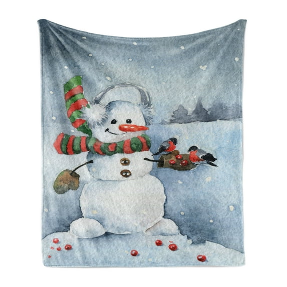 Snowman Soft Flannel Fleece Throw Blanket, Watercolor Style Snowfall Outdoors Merry Christmas Theme Winter Bullfinch Birds, Cozy Plush for Indoor and Outdoor Use, 60" x 80", Multicolor, by Ambesonne