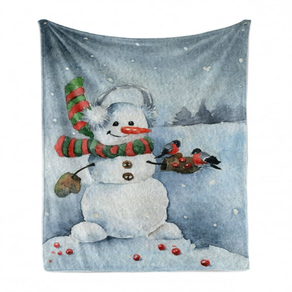 Snowman Soft Flannel Fleece Throw Blanket, Watercolor Style Snowfall Outdoors Merry Christmas Theme Winter Bullfinch Birds, Cozy Plush for Indoor and Outdoor Use, 50" x 70", Multicolor, by Ambesonne