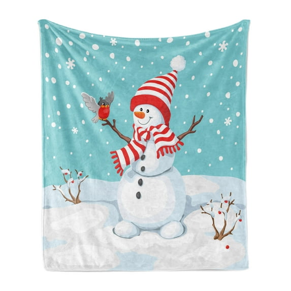 Snowman Soft Flannel Fleece Throw Blanket, Winter Time Snow Silhouette with a Bird and Branches Happy Christmas Design, Cozy Plush for Indoor and Outdoor Use, 70" x 90", Multicolor, by Ambesonne