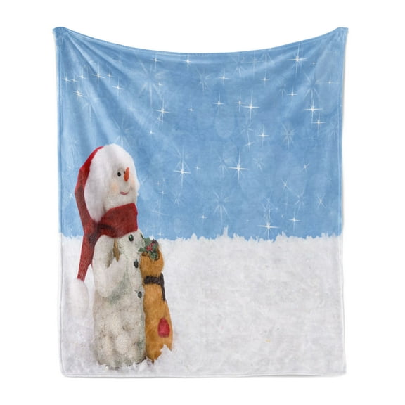 Snowman Soft Flannel Fleece Throw Blanket, Winter Time Theme Snowman with Christmas Hat Scarf and Present Happy Holiday, Cozy Plush for Indoor and Outdoor Use, 70" x 90", Multicolor, by Ambesonne