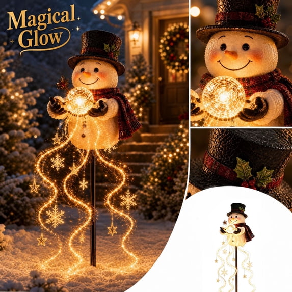 Snowman Sparkle Cascade Solar Garden Light, Glowing Wire‑Frame Ball, Wavy LED String with Snowflake & Star Ornaments, Warm‑White Outdoor Christmas Yard Decoration for Lawn, Walkway & Garden