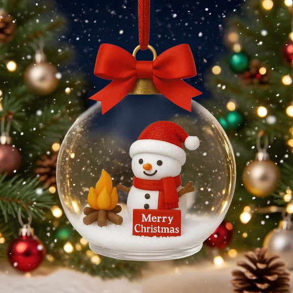 Snowman Spherical Decoration with Clear Glass and Golden Cap, Red Bow and "Merry Christmas" Message, Cheerful Snowman in Santa Hat Inside, 3-Inch Ornament for Christmas Tree