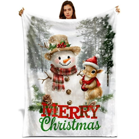 Snowman and Squirrel Christmas Blanket, Rustic Winter Holiday Throw, Cozy Fleece Blanket with Pine Cones and Plaid Scarf, Cute Animal Christmas Decor, Birthday Christmas Gift for Women Kids