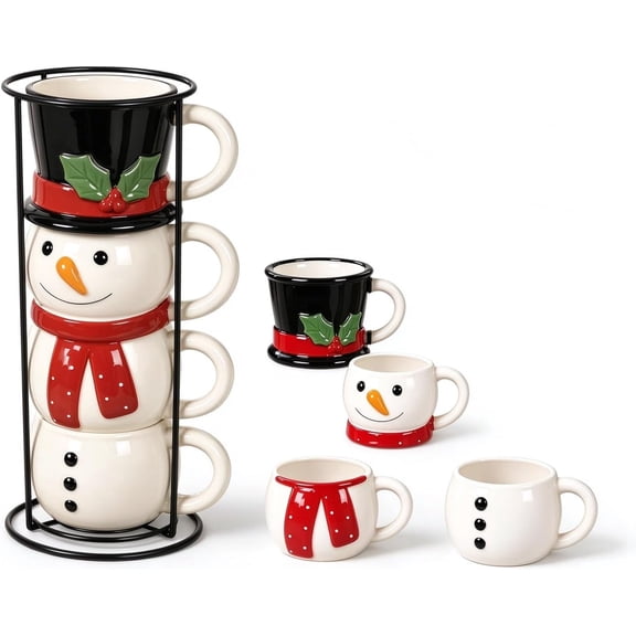 Snowman Stacking Cup Set, 4-Piece Christmas Stackable Mugs, Cute Snowman Shaped Stackable Drink Cups, Christmas Table Centerpiece, Holiday for Coffee Tea Lovers