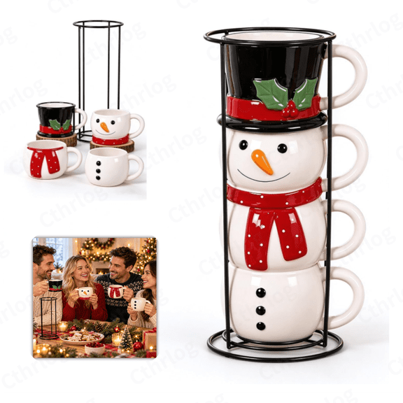 Snowman Stacking Cup Set, Christmas Stackable Ceramic Mugs with Metal Stand, Christmas Decorations Indoor for Table Display, Christmas Gifts for Hot Cocoa Lovers, Holiday Drinkware for Coffee Tea