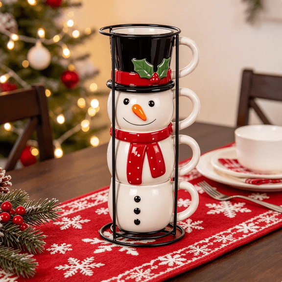 Snowman Stacking Cups, 4-Piece Holiday Stacking Mug Set, Versatile Drinkware for Everyday Use and Christmas Seasonal Display