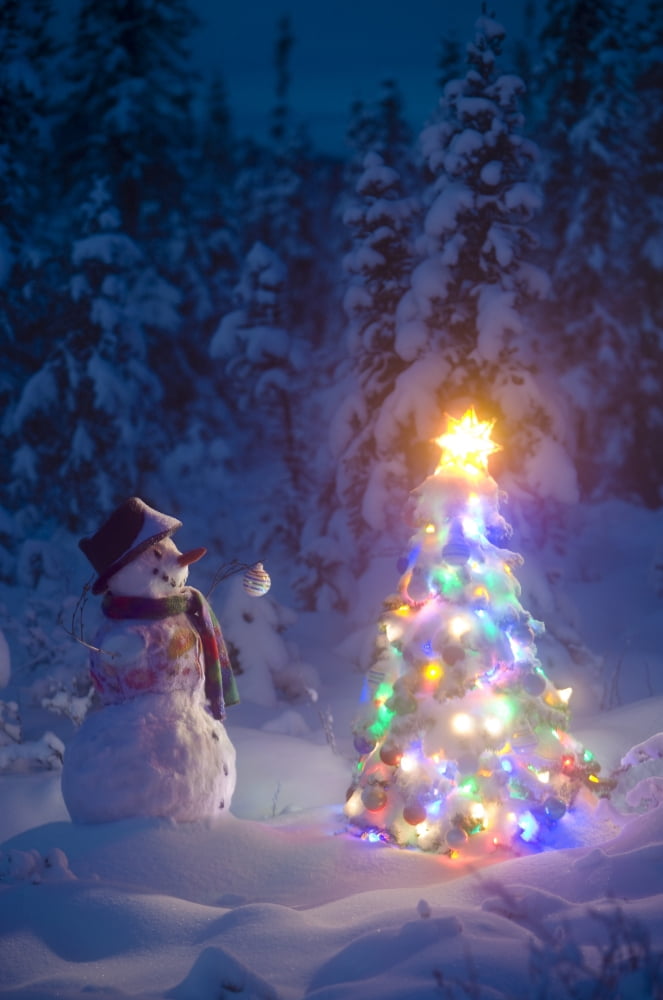 Snowman Stands In A Snowcovered Spruce Forest Next To A Decorated Christmas Tree In Wintertime Canvas Art - Kevin Smith Design Pics (11 x 17)