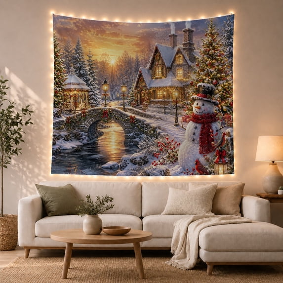 Snowman by a Stone Bridge at Sunset, Whimsical Cozy Vintage Style for Winter Decor Lovers, Cottage Wall Art, Christmas Gift, Tapestry Wall Hanging for Bedroom and Dorm