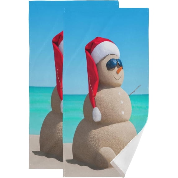 Snowman Sun Beach Kitchen Hand Towels 2 PCS, Merry Christmas Fingertip Bath Towels Ultra Soft and Highly Absorbent, Decorative Face Towels Dish Washcloths, 28.3"x14.4"